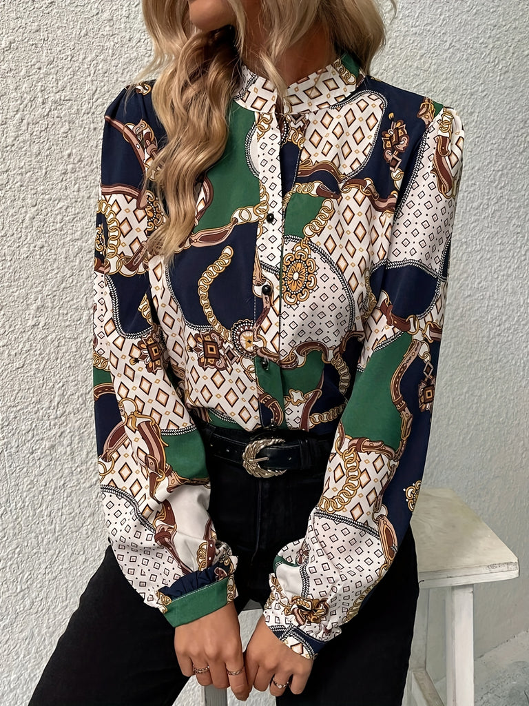 Graphic Print Button Front Blouse, Elegant Long Sleeve Stand Collar Blouse, Women's Clothing