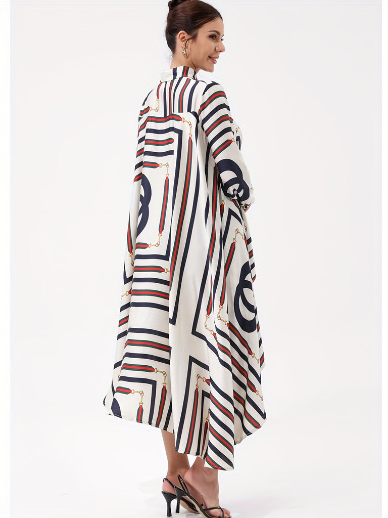 elveswallet  Plus Size Casual Blouse, Women's Plus Stripe & Chain Print Button Up Long Sleeve Polo Neck Asymmetrical Hem Blouse