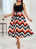 elveswallet  Plus Size Casual Dress, Women's Plus Colorblock Stripe Print Scoop Neck Medium Stretch Tank Dress With Belt
