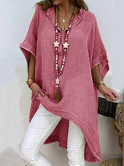 Plain Asymmetric Three-Quarter Sleeve Long Blouse