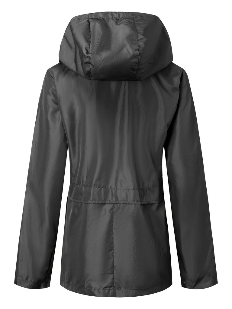 Drawstring Hooded Jacket, Casual Button Front Long Sleeve Outerwear, Women's Clothing