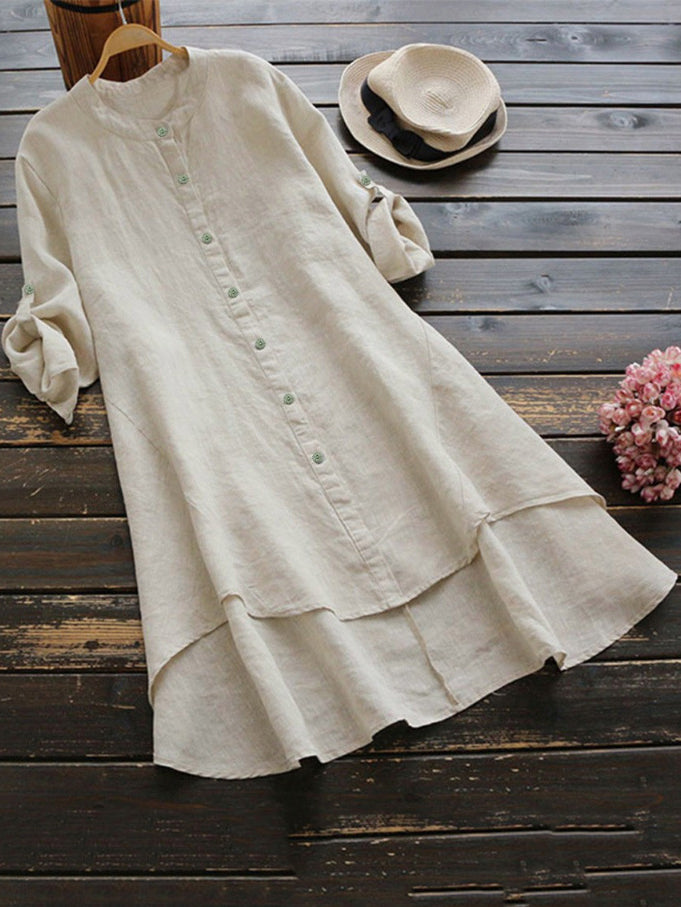 Casual Crew Neck Button-Down Long Type Linen Shirts