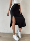 elveswallet  Solid Split Skirts, Casual Versatile High Waist Midi Skirts, Women's Clothing