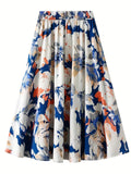 elveswallet  Plus Size Elegant Skirt, Women's Plus Floral Print Elastic High Rise Swing A-line Maxi Skirt