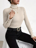 Solid Turtle Neck Slim Pullover Sweater, Casual Long Sleeve Fake Button Sweater For Fall & Winter, Women's Clothing