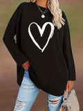 elveswallet  Plus Size Casual T-shirt, Women's Plus Heart Print Long Sleeve Round Neck Medium Stretch Top