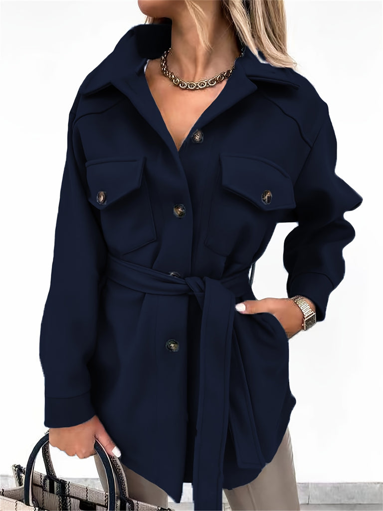 Solid Button Down Long Sleeve Lapel Belted Pea Coat, Fashion Winter Jacket, Women's Clothing
