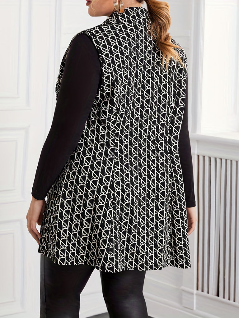 Plus Size Casual Coat, Women's Plus Allover Geometric Print Lapel Collar Medium Stretch Vest