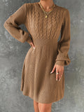 elveswallet  Solid Cable Knit Dress, Elegant Crew Neck Long Sleeve Dress, Women's Clothing