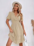 elveswallet  Swiss Dot Surplice Neck Stirred Dress, Elegant Layered Ruffle Hem Short Sleeve Dress For Summer, Women's Clothing