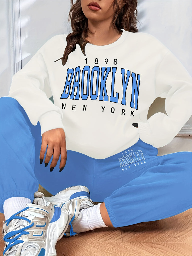 Casual Color Block Two-piece Set, Letter Print Sweatshirt & Sporty Jogger Pants Outfits, Women's Clothing