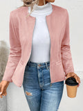 Solid Zip Up Jacket, Casual Long Sleeve Crew Neck Outerwear For Spring & Fall, Women's Clothing