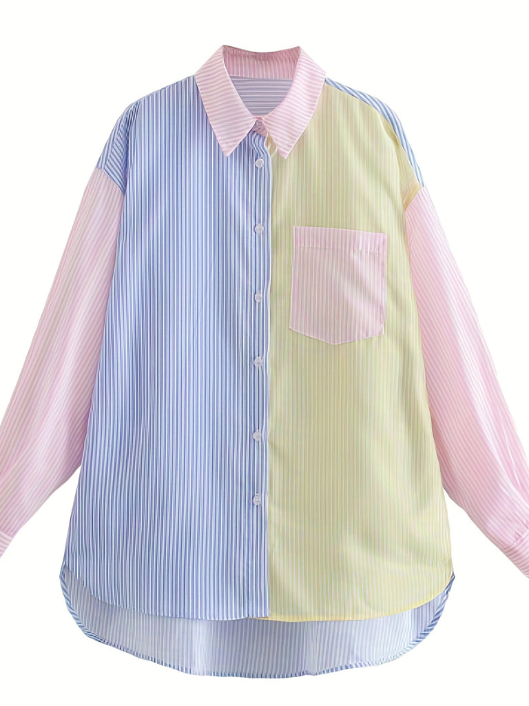 elveswallet  Plus Size Casual Blouse, Women's Plus Colorblock Stripe Print Long Sleeve Turn Down Collar Button Up Tunic Shirt Top