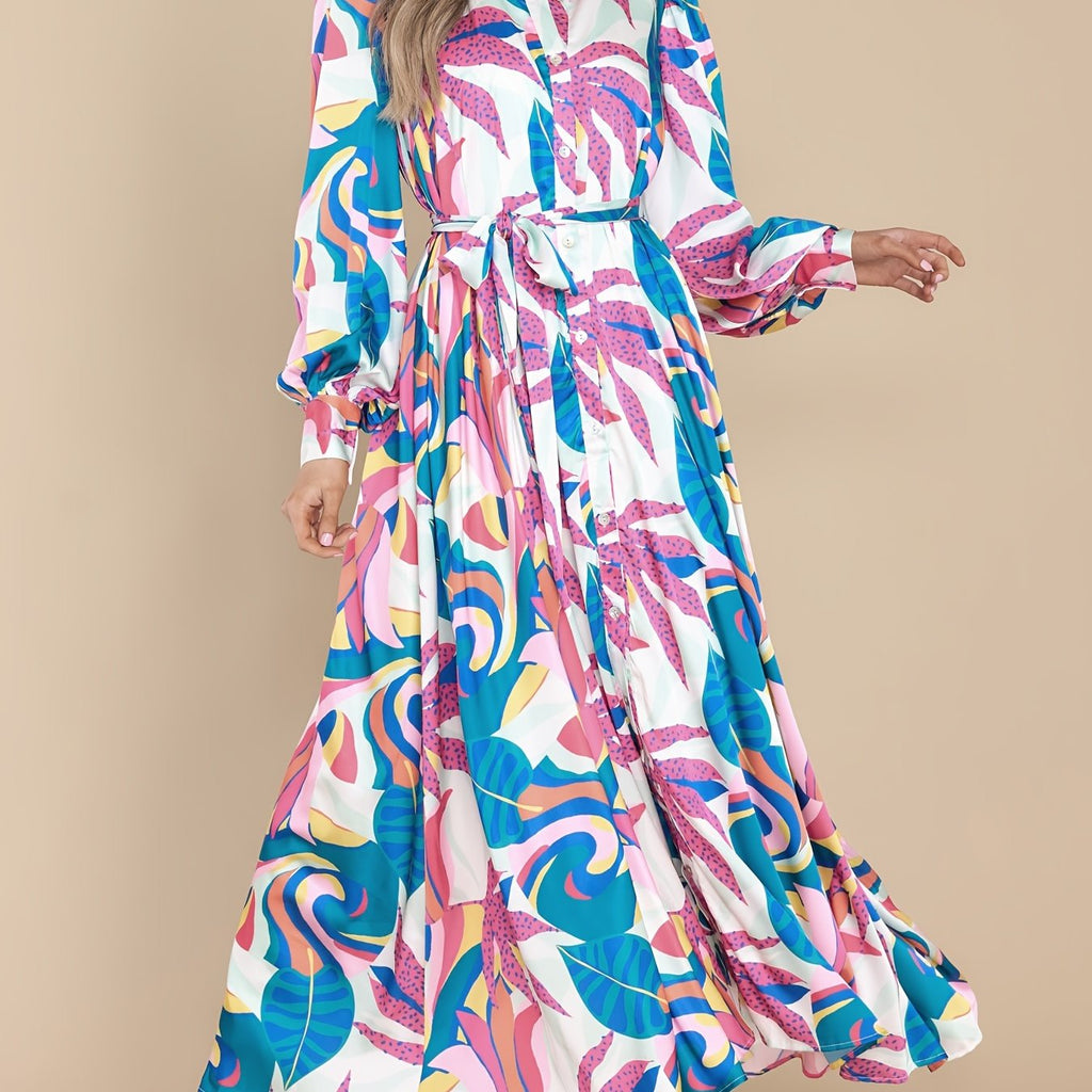 Tropical Print Button Front Dress, Vacation Long Sleeve Maxi Dress, Women's Clothing