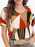 Geo Print Color Block Blouse, Casual V Neck Short Sleeve Blouse, Women's Clothing