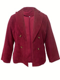 Plus Size Casual Jacket, Women's Plus Solid Corduroy Double Breast Button Long Sleeve Lapel Collar Jacket