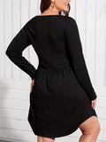 elveswallet  Plus Size Elegant Dress, Women's Plus Solid Button Decor Long Sleeve Round Neck Round Hem Dress