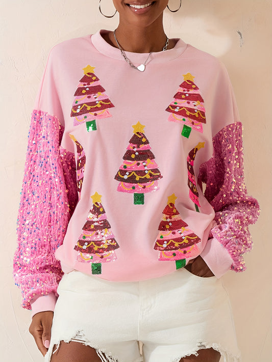 Women Christmas Sweatshirt Christmas Tree Print Pullover Sequin Sleeve Pullover Christmas Contrast Color Pullover Christmas Gingerbread Man Tops Tees Christmas Red Green Sweatshirt Christmas Cute Pullover Christmas Gift Merry Christmas Pullover