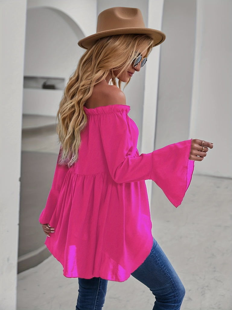 kkboxly  Dipped Hem Ruffle Trim Blouse, Casual Off Shoulder Solid Long Sleeve Blouse, Women's Clothing
