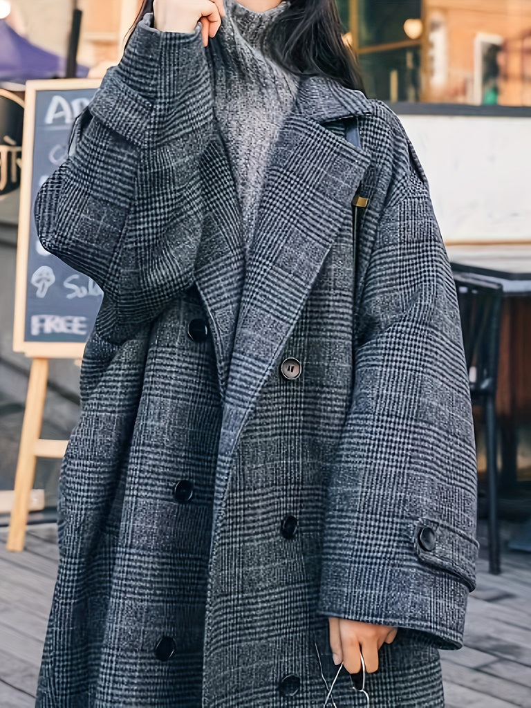 Plaid Button Front Pea Coat, Casual Lapel Long Sleeve Fall & Winter Outerwear, Women's Clothing