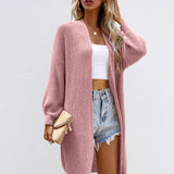 elveswallet  Drop Shoulder Mid Length Knit Cardigan, Casual Open Front Long Sleeve Sweater, Women's Clothing