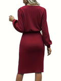 elveswallet  Cinched Waist Ruched Split Dress, Elegant Lantern Sleeve Dress For Spring & Fall, Women's Clothing