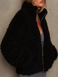 Plus Size Casual Coat, Women's Plus Solid Teddy Fleece Zipper Long Sleeve Lapel Collar Coat