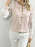 elveswallet  Contrast Lace Notched Neck Blouse, Casual Long Sleeve Blouse With Buttons, Women's Clothing