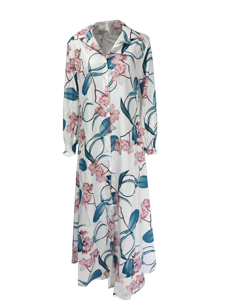 elveswallet  Floral Print Shirt Dress, Casual Button Down Long Sleeve Dress, Women's Clothing