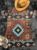 elveswallet  Aztec Print Cold Shoulder Dress, Vintage Scoop Neck Western Style Mini Dress, Women's Clothing