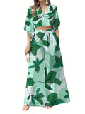 elveswallet  Floral Print V-neck Lace Up Suit,  High Waist Wide Leg Pants And Lantern Sleeve V-neck Top Set, Women's Clothing