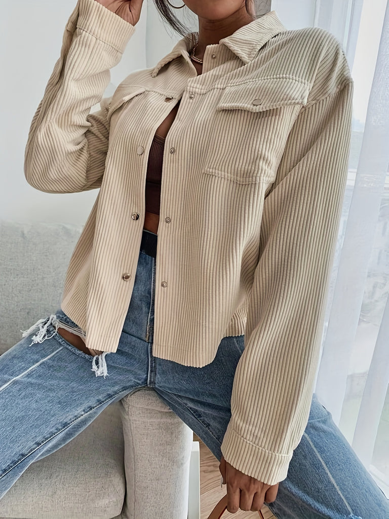 Solid Button Front Jacket, Casual Long Sleeve Collared Versatile Outerwear, Women's Clothing