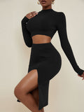 Sexy Ribbed Slit Dresses Two-piece Set, Casual Long Sleeve Crop Tops & High Waist Slit Skirt Set, Women's Clothing