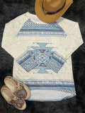 elveswallet  Vintage Print Crew Neck T-shirt, Western Loose Long Sleeve Summer T-Shirts Tops, Women's Clothing