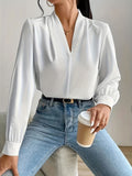 elveswallet  Solid V-neck Pleated Blouse, Elegant Long Sleeve Blouse For Office & Work, Women's Clothing