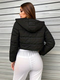 Solid Thermal Crop Coat, Casual Zip Up Hooded Puffy Outerwear, Women's Clothing