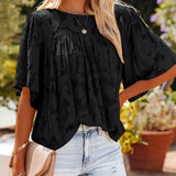 elveswallet  Casual Lace Flare Sleeve Blouse, Short Sleeve Crew Neck Solid Blouse, Casual Every Day Tops, Women's Clothing