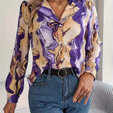 Abstract Print Notch Collar Blouse, Casual Long Sleeve Blouse For Spring & Fall, Women's Clothing