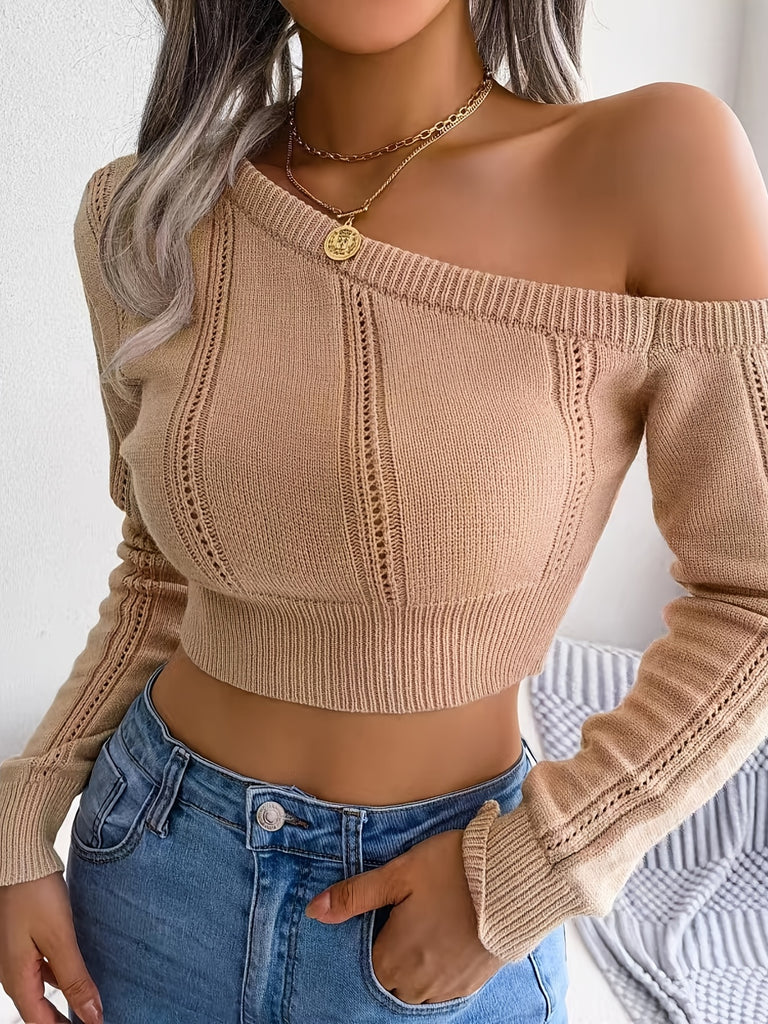 elveswallet  Cut Out One Shoulder Long Sleeve Neckline Sweater, Solid One Shoulder Creux Pullovers, Women's Clothing
