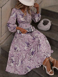elveswallet  Floral Print Surplice Neck Dress, Casual Lantern Sleeve Tie-waist Dress For Spring & Fall, Women's Clothing