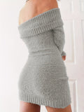 elveswallet  Off Shoulder Fuzzy Dress, Casual Long Sleeve Bodycon Dress, Women's Clothing