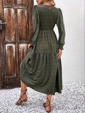 elveswallet  Textured Shirred Dress, Elegant Long Sleeve Solid Midi Dress, Women's Clothing