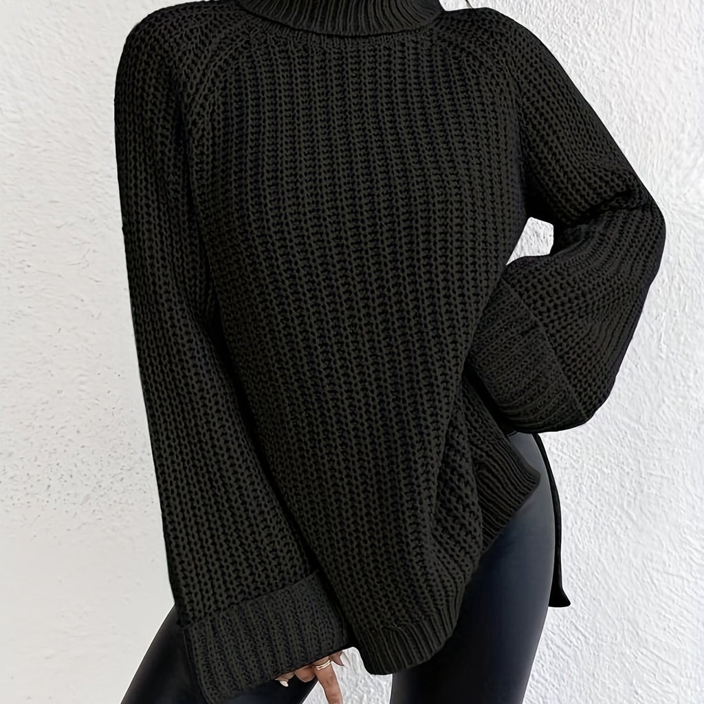 elveswallet  Solid Turtleneck Pullover Sweater, Casual Loose Raglan Sleeve Sweater For Fall & Winter, Women's Clothing