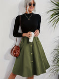 elveswallet  Solid Button Front Pocket Flared Skirts, Elegant Loose High Waist Skirts, Women's Clothing