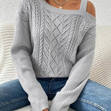 Solid Cold Shoulder Pointelle Knit Sweater, Casual Long Sleeve Sweater For Spring & Fall, Women's Clothing