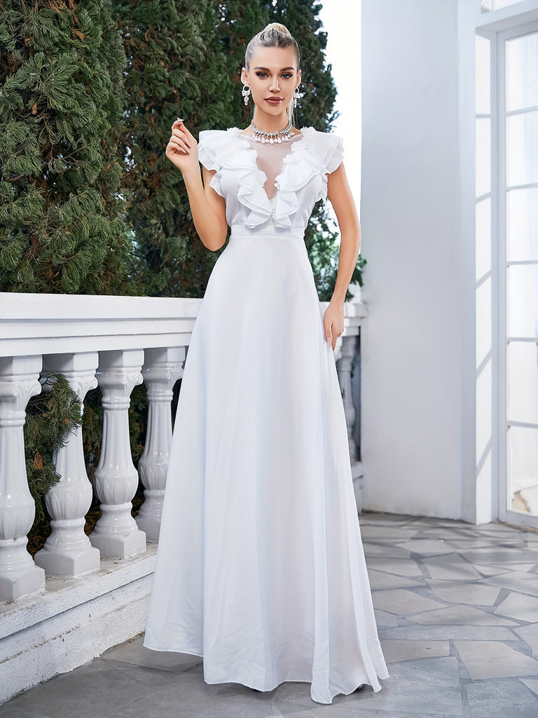 Ruffle Trim Maxi Wedding Dress, Elegant Solid Sleeveless Dress For Wedding Party, Women's Clothing