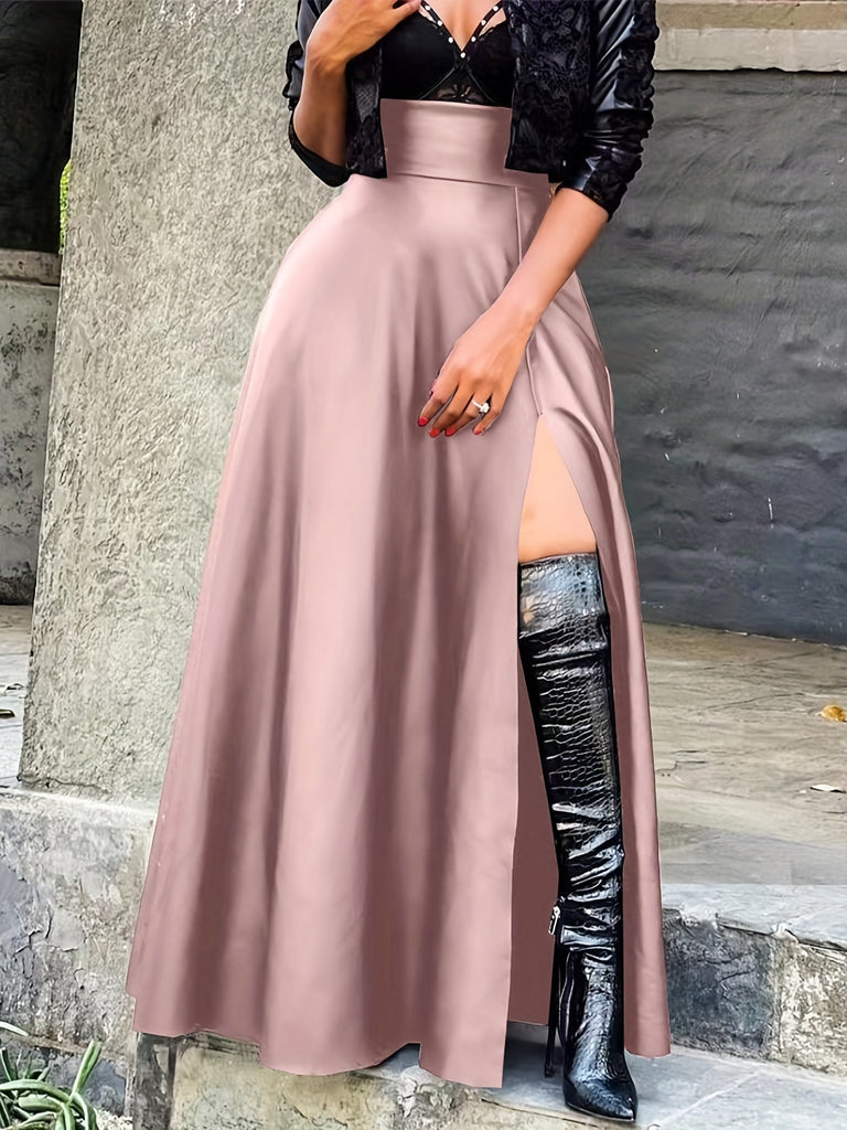 elveswallet  High Waist PU Leather Skirt, Sexy Side Slit Casual Skirt For Spring & Summer, Women's Clothing