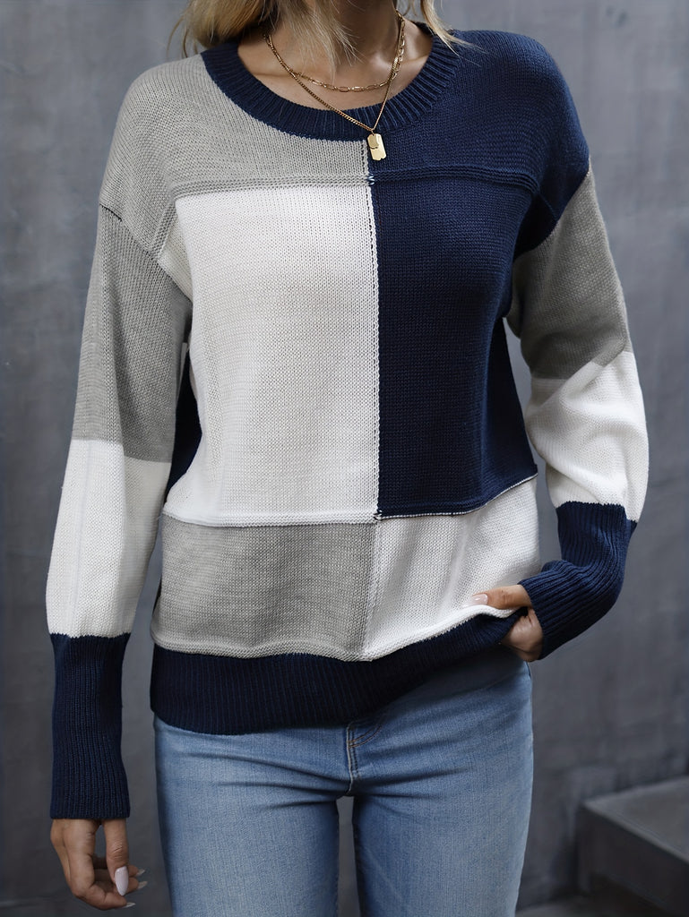 Color Block Simple Knit Sweater, Crew Neck Casual Long Sleeve Sweater, Women's Clothing