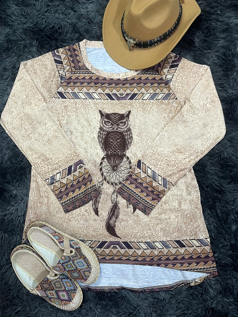 elveswallet  Owl Print Raglan Sleeve Tunics, Vintage Boho Crew Neck Tunics, Women's Clothing