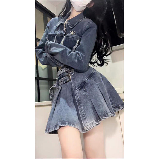 College style fashion denim suit women's spring new design jacket top pleated skirt skirt two-piece set